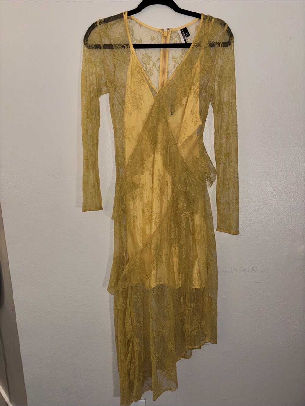 Topshop Yellow Lace Long-Sleeve Asymmetric Dress